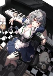 Rule 34 | 1girl, absurdres, apple, black footwear, braid, breasts, checkered floor, cleavage, closed mouth, food, from above, fruit, full body, grey hair, highres, hira-san, holding, holding knife, indoors, instrument, izayoi sakuya, knife, large breasts, looking at viewer, maid, maid headdress, necktie, piano, pocket watch, red eyes, side braids, smile, solo, teapot, touhou, twin braids, undone necktie, watch, white legwear, wrist cuffs