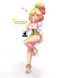 Rule 34 | 1girl, animal crossing, blonde hair, bow, breasts, cleavage, dress, earrings, english text, feet, hair bow, high heels, highres, hoop earrings, humanization, isabelle (animal crossing), jewelry, large breasts, linkartoon, minidress, nintendo, saliva, sandals, toes, tongue, tongue out