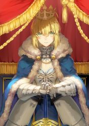 Rule 34 | 1girl, ahoge, armor, armored dress, artoria pendragon (all), artoria pendragon (fate), blonde hair, blue coat, closed mouth, coat, commentary request, crown, expressionless, eyes visible through hair, fate/grand order, fate (series), fur-trimmed coat, fur trim, gauntlets, gold trim, green eyes, highres, holding, holding sword, holding weapon, indoors, looking at viewer, own hands together, saber (fate), saihate (d3), solo, standing, sword, weapon
