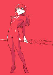 Rule 34 | 1girl, artist request, bident, bodysuit, high heels, lance of longinus (evangelion), long hair, looking at viewer, neon genesis evangelion, open mouth, plugsuit, polearm, red background, red eyes, red hair, simple background, skin tight, solo, souryuu asuka langley, standing, tiptoes, weapon