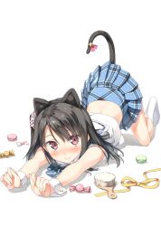 Rule 34 | 1girl, all fours, animal ears, bell, black tail, blue skirt, blush, bow, bowtie, candy, cat ears, cat tail, food, full body, hair brush, highres, kantoku, looking at viewer, macaron, midriff, original, pink eyes, plaid, plaid bow, plaid bowtie, plaid skirt, pleated skirt, school uniform, scrunchie, serafuku, shizuku (kantoku), short sleeves, side ponytail, simple background, skirt, smile, socks, solo, swept bangs, tail, tail bell, tail ornament, top-down bottom-up, white background, white socks, wrist cuffs, wrist scrunchie