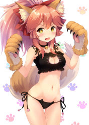 Rule 34 | 1girl, animal ears, animal hands, bare shoulders, bell, black bra, blush, bra, breasts, cameltoe, cat cutout, cat ear panties, cat lingerie, choker, cleavage, cleavage cutout, clothing cutout, collar, collarbone, fang, fate/grand order, fate (series), fox ears, fox tail, gloves, hair ribbon, highres, jingle bell, large breasts, long hair, looking at viewer, meme attire, navel, neck bell, open mouth, panties, paw gloves, ribbon, side-tie panties, solo, sunsuke, tail, tamamo (fate), tamamo cat (fate), tamamo no mae (fate/extra), thigh gap, underwear, underwear only, yellow eyes