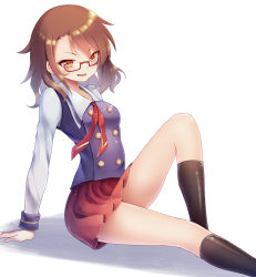 Rule 34 | 1girl, arched back, arm support, black socks, breasts, brown hair, glasses, hair between eyes, knee up, kneehighs, light particles, long sleeves, looking at viewer, medium hair, miniskirt, neckerchief, orange eyes, outstretched leg, pleated skirt, red-framed eyewear, red neckerchief, red skirt, school uniform, semi-rimless eyewear, shadow, simple background, sitting, skirt, small breasts, smirk, socks, solo, thighs, touhou, under-rim eyewear, usami sumireko, white background, z.o.b
