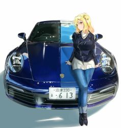 Rule 34 | 1girl, artist name, bag, black footwear, black jacket, blonde hair, blue pants, blush, braid, breasts, brown eyes, car, carrying, carrying bag, cross, cross necklace, crown braid, denim, female focus, full body, hair ornament, hair rings, heart, heart hair ornament, highres, jacket, jeans, jewelry, long sleeves, looking at viewer, love live!, love live! school idol festival, love live! sunshine!!, medium breasts, medium hair, motor vehicle, nanao (m44132yf), necklace, ohara mari, on vehicle, pants, parted lips, shirt, shoes, short hair, sitting, smile, solo, white background, white shirt, yellow eyes