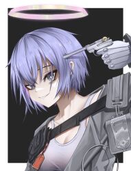 Rule 34 | 1girl, absurdres, arknights, blue hair, breasts, cleavage, commentary request, gloves, grey eyes, grey gloves, grey jacket, grin, gun, gun to head, halo, handgun, highres, holding, holding gun, holding weapon, jacket, kafu (kafu6416), looking at viewer, medium breasts, short hair, smile, solo, sports bra, spuria (arknights), uneven eyes, upper body, weapon