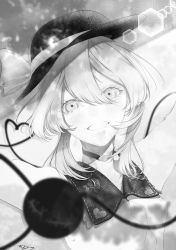 Rule 34 | 1girl, blouse, bow, choker, commentary, eyelashes, greyscale, grin, hair between eyes, hat, hat bow, heart, heart of string, highres, komeiji koishi, light particles, looking at viewer, medium hair, monochrome, shikahisa totani, shirt, signature, smile, solo, stitches, teeth, third eye, touhou, upper body