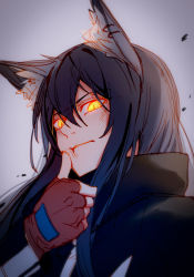 Rule 34 | 1girl, animal ears, arknights, black hair, black jacket, blaise (akigayakozato), closed mouth, dirty, dirty face, earrings, fingerless gloves, fox ears, fox girl, gesugao, gloves, glowing, glowing eyes, hair between eyes, hand on own cheek, hand on own face, highres, jacket, jewelry, long hair, long sleeves, looking at viewer, portrait, red gloves, solo, texas (arknights), yellow eyes