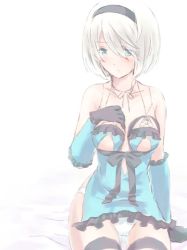 Rule 34 | 1girl, android, asymmetrical clothes, bandaged arm, bandaged neck, bandages, bare shoulders, black gloves, black hairband, black ribbon, blue dress, breasts, cleavage, cosplay, dress, frills, gloves, hairband, kaine (nier) (cosplay), large breasts, nier (series), nier:automata, nightgown, ribbon, short hair, silver hair, solo, 2b (nier:automata)