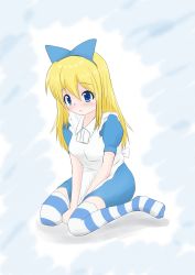 Rule 34 | 1girl, absurdres, alice (alice in wonderland), alice in wonderland, apron, between legs, blonde hair, blue background, blue dress, blue eyes, blue headband, blue thighhighs, blush, breasts, dress, female focus, full body, hair between eyes, hand between legs, have to pee, headband, highres, long hair, open mouth, puffy short sleeves, puffy sleeves, short sleeves, simple background, sitting, small breasts, solo, striped clothes, striped thighhighs, thighhighs, toby (pixiv 8804205), wariza, white apron