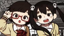 2girls adjusting_eyewear ascot cardigan dead_dead_demons_de_dedede_destruction glitch hair_ornament highres koyama_kadode looking_at_viewer multiple_girls nakagawa_ouran open_mouth red-framed_eyewear saliva short_hair skull_hair_ornament striped_ascot tears teeth thick_eyebrows twintails upper_body upper_teeth_only yellow_cardigan yknsugar