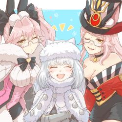 Rule 34 | 3girls, animal ears, breasts, capelet, choker, cleavage, crossed arms, dobrynya nikitich (fate), fang, fate/grand order, fate (series), fox ears, fur trim, glasses, hat, highres, koyanskaya (assassin) (second ascension) (fate), koyanskaya (fate), koyanskaya (foreigner) (second ascension) (fate), large breasts, long hair, multiple girls, one eye closed, papico0154, paw print, paw print background, pink hair, rabbit ears, top hat, twintails, twitter username, white hair, yellow eyes