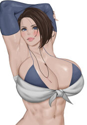 Rule 34 | 1girl, absurdres, armpits, arms behind head, breasts, highres, jill valentine, large breasts, licking lips, palemaster arts, resident evil, seductive smile, smile, solo, tongue, tongue out, white background