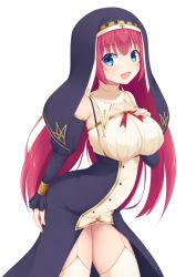 Rule 34 | 1girl, :d, avila (oshiro project), blue eyes, breasts, hand on own chest, large breasts, long hair, looking at viewer, midoriyama soma, nun, open mouth, oshiro project:re, oshiro project:re, red hair, simple background, smile, solo, thighhighs, white background