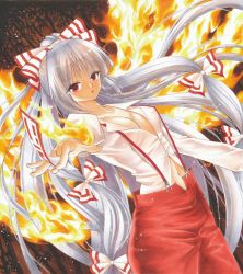 Rule 34 | 1girl, bamboo, bamboo forest, between fingers, dutch angle, fiery wings, fire, forest, fujiwara no mokou, hair ribbon, holding, long hair, looking at viewer, marker (medium), nature, ofuda, ofuda between fingers, outstretched hand, pants, ponytail, red eyes, ribbon, silver hair, solo, suspenders, tegaki no yuu, touhou, traditional media, tress ribbon, very long hair, wings