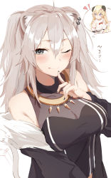 Rule 34 | 2girls, absurdres, ahoge, animal ears, bare shoulders, blonde hair, blush, breasts, cleavage, detached sleeves, dogxfish, fur-trimmed jacket, fur trim, grey eyes, grey hair, hair between eyes, hair ornament, hairclip, highres, hololive, horns, jacket, jewelry, large breasts, lion ears, lion girl, long hair, looking at viewer, multiple girls, nail polish, necklace, open mouth, purple eyes, see-through, see-through cleavage, sheep horns, shirt, shishiro botan, shishiro botan (1st costume), thought bubble, tsunomaki watame, virtual youtuber