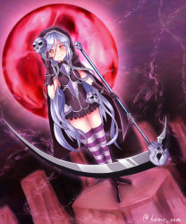 Rule 34 | 1girl, blush, cape, full moon, gloves, gothic wa mahou otome, heike (gothic wa mahou otome), hood, kemo sam, long hair, looking at viewer, moon, red eyes, red moon, scythe, silver hair, skull, smile, solo, standing, striped clothes, striped thighhighs, thighhighs, weapon