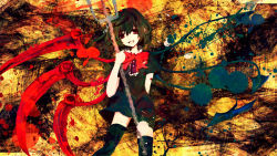 Rule 34 | 1girl, bad id, bad pixiv id, black dress, black hair, black thighhighs, bow, dress, female focus, high contrast, highres, houjuu nue, meola, paint splatter, polearm, red eyes, solo, spear, splatter, thighhighs, touhou, trident, wallpaper, weapon, wings, zettai ryouiki