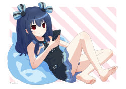 Rule 34 | bare shoulders, black hair, breasts, cushion, dress, feet, hayashiki0404, heel, highres, lastation, long hair, lounging, neptune (series), phone, red eyes, skirt, small breasts, smile, thighs, toes, tsundere, twintails, two side up, uni (neptunia), uniblacksister