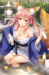 Rule 34 | 1girl, animal ear fluff, animal ears, bare shoulders, bath, blue kimono, blush, bottle, breasts, bucket, cleavage, closed mouth, collarbone, cup, fate/extra, fate (series), fox ears, fox girl, fox tail, hair between eyes, highres, japanese clothes, kimono, large breasts, long hair, looking at viewer, nakajima yuka, off shoulder, official alternate costume, pink hair, rubber duck, sake bottle, sash, sidelocks, sitting, smile, solo, tail, tamamo (fate), tamamo no mae (fate/extra), tamamo no mae (traveling outfit) (fate), thighs, tongue, tongue out, twintails, white kimono, yellow eyes