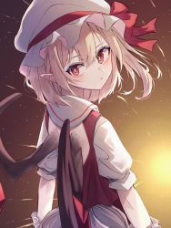 Rule 34 | 1girl, artist name, back, back bow, blonde hair, blouse, blush, bow, brown background, brown sky, closed mouth, commentary request, crystal, flandre scarlet, from behind, gradient background, grey bow, grey hat, grey shirt, hair between eyes, hat, hat ribbon, highres, jewelry, katsukare, light, looking at viewer, looking back, mob cap, night, night sky, one side up, pointy ears, puffy short sleeves, puffy sleeves, red eyes, red ribbon, red skirt, red vest, ribbon, shirt, short hair, short sleeves, skirt, skirt set, sky, solo, space, standing, star (sky), starry sky, sun, touhou, vest, white bow, white hat, white shirt, wings, wrist cuffs, yellow background