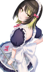 Rule 34 | 1girl, alternate costume, apron, black hair, blonde hair, blush, broom, clenched teeth, detached collar, dress, ear piercing, enmaided, frilled apron, frills, holding, holding broom, idolmaster, idolmaster shiny colors, ikaruga luca, looking at viewer, maid, maid headdress, multicolored hair, o (rakkasei), piercing, pinafore dress, puffy short sleeves, puffy sleeves, short sleeves, simple background, sleeveless dress, solo, streaked hair, teeth, v-shaped eyebrows, white background, wrist cuffs