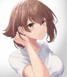 Rule 34 | 1girl, alternate costume, blush, breasts, brown hair, closed mouth, collarbone, green eyes, hair between eyes, highres, kantai collection, large breasts, looking at viewer, monoku, mutsu (kancolle), shirt, short hair, short sleeves, simple background, smile, solo, upper body, white background, white shirt