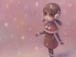 Rule 34 | 1girl, bad id, bad pixiv id, brown eyes, brown hair, child, daiyou-uonome, earmuffs, face, kaai yuki, mittens, open mouth, pantyhose, snow, solo, twintails, vocaloid