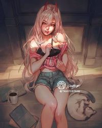 Rule 34 | 1girl, adjusting bra, adjusting clothes, bare shoulders, black bra, blue shorts, bra, breasts, cat, chain, chainsaw man, clothes pull, coffee cup, cup, demon girl, demon horns, denim, denim shorts, disposable cup, feet out of frame, hair between eyes, horns, jet kimchrea, long hair, medium breasts, meowy (chainsaw man), midriff peek, navel, pink hair, pink shirt, power (chainsaw man), red eyes, red horns, sharp teeth, shirt, shirt pull, short sleeves, shorts, signature, teeth, tongue, tongue out, twitter username, underwear