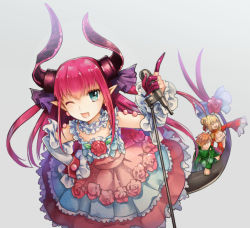 Rule 34 | 10s, 1boy, 2girls, ;d, alle gro, blue eyes, closed eyes, detached sleeves, dragon girl, dragon horns, dragon tail, dress, elizabeth bathory (fate), elizabeth bathory (fate/extra ccc), elizabeth bathory (third ascension) (fate), fate/extra, fate/extra ccc, fate/grand order, fate (series), grey background, hand on own hip, horns, index finger raised, jitome, kishinami hakuno (male), leaning forward, looking at another, looking at viewer, microphone, multiple girls, nero claudius (fate), nero claudius (fate) (all), nero claudius (fate/extra), one eye closed, open mouth, orange hair, pink dress, pink hair, pointy ears, red dress, robin hood (fate), sidelocks, simple background, smile, solo focus, tail