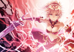 Rule 34 | 1girl, bandeau, bare shoulders, blonde hair, braid, breasts, clarent (fate), cleavage, commentary request, detached sleeves, fate/apocrypha, fate (series), french braid, green eyes, holding, holding sword, holding weapon, kame (pixiv), lightning, loincloth, looking at viewer, mordred (fate), mordred (fate/apocrypha), navel, ponytail, scrunchie, sleeves past wrists, small breasts, smile, solo, stomach, strapless, sword, weapon