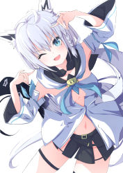 Rule 34 | 1girl, absurdres, ahoge, animal ear fluff, animal ears, armpits, black shorts, blue neckerchief, blush, braid, breasts, commentary, detached sleeves, double fox shadow puppet, fox ears, fox girl, fox shadow puppet, fox tail, fumi (fumibeing), green eyes, hair between eyes, highres, hololive, hood, hoodie, long hair, looking at viewer, midriff, navel, neckerchief, one eye closed, open mouth, pentagram, shirakami fubuki, shirakami fubuki (1st costume), short shorts, shorts, sidelocks, simple background, single braid, small breasts, solo, tail, thigh strap, virtual youtuber, white background, white hair, white hoodie