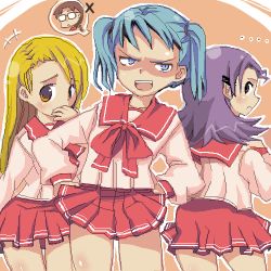 Rule 34 | &gt;:d, 4girls, :d, blonde hair, blue eyes, blue hair, bow, brown eyes, cowboy shot, hand on own face, hands on own hips, laughing, long hair, long sleeves, looking at viewer, lowres, multiple girls, open mouth, pleated skirt, purple eyes, purple hair, red bow, red skirt, sailor collar, sasago kaze, school uniform, serafuku, shaded face, skirt, smile, speech bubble, spoken character, standing, teeth, to heart, to heart (series), v-shaped eyebrows