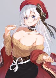Rule 34 | 1girl, absurdres, alternate costume, aran sweater, azur lane, bare shoulders, belfast (azur lane), belfast (shopping with the head maid) (azur lane), belt, beret, blush, bow, box, breasts, brown sweater, cable knit, choker, cleavage, collarbone, earrings, food, hair between eyes, hair bow, hair ribbon, hat, highres, holding, holding box, holding food, hoop earrings, jewelry, karla (kimidori3), large breasts, long hair, looking at viewer, off-shoulder sweater, off shoulder, pocky, ribbon, sidelocks, silver hair, skirt, smile, solo, sweater