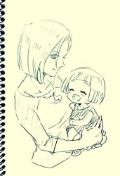 Rule 34 | 10s, 2girls, android 18, carrying, child, closed eyes, dragon ball, dragon ball super, dragonball z, fukuko fuku, marron (dragon ball), monochrome, mother and daughter, multiple girls, notebook, open mouth, short hair, simple background, smile, traditional media