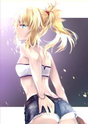 Rule 34 | absurdres, back, bandeau, bare shoulders, belt, blonde hair, blue shorts, bracelet, braid, breasts, chain, closed mouth, cutoffs, denim, denim shorts, fate/apocrypha, fate (series), french braid, green eyes, hair ornament, hair scrunchie, hand on own hip, hane yuki, highres, jewelry, looking back, mordred (fate), mordred (fate/apocrypha), mordred (memories at trifas) (fate), necklace, ponytail, red scrunchie, scrunchie, short shorts, shorts, sidelocks, small breasts