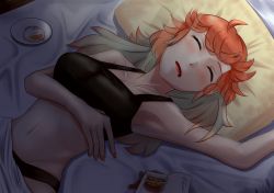 Rule 34 | 1girl, absurdres, bed, bra, closed eyes, collarbone, food, gradient hair, highres, hololive, hololive english, huge filesize, long hair, multicolored hair, navel, open mouth, orange hair, panties, pillow, pink hair, shadow, sleeping, solo, spill, takanashi kiara, underwear, underwear only, virtual youtuber, zeiss