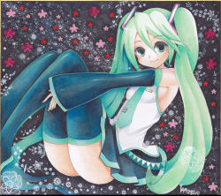 Rule 34 | 1girl, bad id, bad pixiv id, detached sleeves, green eyes, green hair, hair ornament, hatsune miku, long hair, marker (medium), matching hair/eyes, mosho, necktie, painting (medium), shikishi, signature, sitting, skirt, smile, solo, thighhighs, traditional media, twintails, very long hair, vocaloid, watercolor (medium)
