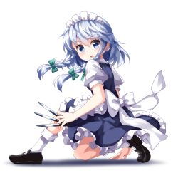 Rule 34 | 1girl, apron, between fingers, black footwear, blue dress, blue eyes, blush, bow, braid, commentary request, dress, frilled apron, frills, full body, green bow, hair between eyes, hair bow, holding, holding knife, holding weapon, izayoi sakuya, knife, knives between fingers, looking at viewer, looking back, maid, maid apron, maid headdress, mary janes, on one knee, open mouth, petticoat, puffy short sleeves, puffy sleeves, ruu (tksymkw), shadow, shoes, short hair, short sleeves, silver hair, simple background, socks, solo, touhou, twin braids, waist apron, weapon, white apron, white background, white socks
