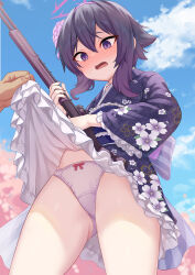Rule 34 | 1girl, 1other, blue archive, blush, bow, bow panties, breasts, clothes lift, commentary, crossed bangs, crotch seam, floral print, flower, frilled kimono, frilled sash, frills, gun, hair between eyes, hair flower, hair ornament, hairband, halo, haruka (blue archive), haruka (new year) (blue archive), highres, holding, holding gun, holding weapon, japanese clothes, kimono, kimono skirt, long sleeves, looking at viewer, milkshakework, obi, official alternate costume, open mouth, outdoors, panties, print kimono, purple eyes, purple flower, purple hair, purple hairband, purple kimono, rifle, sash, small breasts, solo focus, thighs, underwear, weapon, white panties, wide sleeves