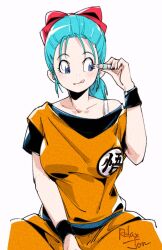 Rule 34 | 1girl, :q, artist name, bare shoulders, blue eyes, blue hair, bow, bra strap, breasts, bulma, capsule, commentary, dougi, dragon ball, english commentary, hair bow, hand up, hoi-poi capsule, holding, large breasts, medium hair, mixed-language commentary, off shoulder, ponytail, red bow, relaxjon, short sleeves, sideways glance, signature, simple background, sitting, smile, solo, tongue, tongue out, toriyama akira (character), upper body, white background, wristband