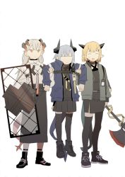 Rule 34 | 3girls, arknights, asymmetrical legwear, ballistic shield, black legwear, black skirt, blonde hair, blue jacket, carrying, dyx (asdiandyx), closed eyes, grey hair, halberd, height difference, holding, holding shield, holding weapon, horns, id card, jacket, liskarm (arknights), long hair, long skirt, multiple girls, open clothes, open jacket, platinum blonde hair, pleated skirt, pointy ears, polearm, saria (arknights), shield, shoes, short hair, simple background, single thighhigh, skirt, smile, sneakers, tail, thighhighs, uneven legwear, vanilla (arknights), weapon, white background