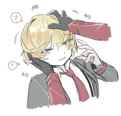 Rule 34 | 1boy, 1other, ?, black gloves, blonde hair, collared shirt, commentary request, dante (limbus company), gloves, grey jacket, headpat, jacket, korean commentary, korean text, limbus company, long sleeves, n n1ng, necktie, one eye closed, open clothes, open jacket, open mouth, project moon, red necktie, shirt, short hair, sinclair (project moon), translation request, white background, white shirt, yellow eyes