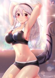 1girl armpits arms_behind_head arms_up artist_logo bad_id bad_pixiv_id black_panties blurry blush breasts chinchongcha cleavage corrin_(female)_(fire_emblem) corrin_(fire_emblem) day depth_of_field female_focus fire_emblem fire_emblem_fates fire_emblem_warriors hair_between_eyes hairband highres indoors kneeling large_breasts light_smile logo long_hair looking_at_viewer midriff nintendo official_alternate_costume official_underwear panties pointy_ears red_eyes seiza shiny_skin sitting smile solo sports_bra tail thighs underwear underwear_only white_hair window