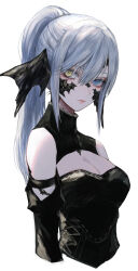 Rule 34 | 1girl, absurdres, au ra, black dress, black horns, black scales, blue eyes, breasts, cleavage, commentary, detached sleeves, dragon girl, dragon horns, dress, final fantasy, final fantasy xiv, hair between eyes, heterochromia, highres, horns, long hair, looking at viewer, maho moco, medium breasts, ponytail, scales, sidelocks, simple background, sleeveless, sleeveless dress, solo, warrior of light (ff14), white background, white hair, yellow eyes