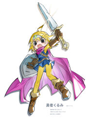 1girl ahoge arm_up belt black_eyes blonde_hair blue_tunic bodysuit bodysuit_under_clothes boots brown_belt brown_footwear brown_gloves cape character_name chipped_sword circlet cosplay dragon_quest dragon_quest_iii drop_shadow elbow_gloves full_body glint gloves hero_(dq3) hero_(dq3)_(cosplay) highres holding holding_shield holding_sword holding_weapon kokaki_mumose looking_at_viewer null-meta purple_cape serious shield short_hair simple_background solo sword translation_request tunic uozumi_kurumi v-shaped_eyebrows weapon white_background yellow_bodysuit