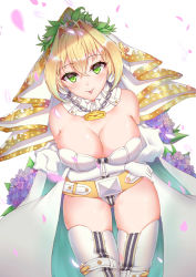 Rule 34 | 10s, 1girl, absurdres, bad id, bad pixiv id, bare shoulders, belt, blonde hair, blush, breasts, chain, cleavage, crossed bangs, detached collar, elbow gloves, fate/extra, fate/grand order, fate (series), flower, gloves, green eyes, hair between eyes, hair intakes, highres, large breasts, leotard, nero claudius (bride) (fate), nero claudius (bride) (third ascension) (fate), nero claudius (fate), nero claudius (fate) (all), painttool sai, petals, simple background, skindentation, smile, solo, strapless, strapless leotard, thighhighs, tongue, veil, white background, white gloves, white leotard, white thighhighs, yiyu qing mang, zipper