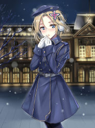 Rule 34 | 1girl, belt, beret, blonde hair, blue coat, blue eyes, blush, character request, coat, gloves, hair ornament, hat, headphones, highres, holding hands, looking at viewer, medium hair, open mouth, own hands together, pantyhose, snowflakes, solo, star (symbol), star hair ornament, warship girls r, white gloves, winter clothes, winter coat, winter gloves, yuemanhuaikong