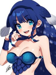 Rule 34 | 1girl, armor, bare shoulders, blue choker, blue eyes, blue hair, blunt bangs, blush, braid, breastplate, choker, coelacanth (kemono friends), fins, fish girl, hatagaya, head fins, kemono friends, long hair, looking at viewer, open mouth, scales, smile, solo, twin braids, upper body