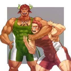 Rule 34 | 2boys, abs, animal ears, arm around neck, bara, blush, brown hair, bulge, couple, covered abs, cow ears, dark-skinned male, dark skin, darlton, embarrassed, facial hair, feet out of frame, fiery horns, forked eyebrows, glowing horns, goatee, horns, large pectorals, laughing, male focus, manly, multiple boys, muscular, native american, nipple slip, nipples, pectorals, scar, short hair, sideburns, skin tight, tamamura gunzo, thick eyebrows, thick thighs, thighs, tokyo houkago summoners, wakan tanka, wrestling outfit, yaoi