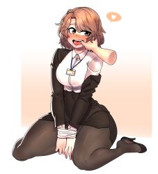 Rule 34 | 1girl, absurdres, black footwear, black jacket, blush, bound, bound wrists, brown eyes, brown hair, business suit, character request, commentary, copyright request, formal, gintm, highres, jacket, name tag, off shoulder, office lady, pantyhose, saliva, shirt, suit, symbol-only commentary, thick thighs, thighs, white shirt